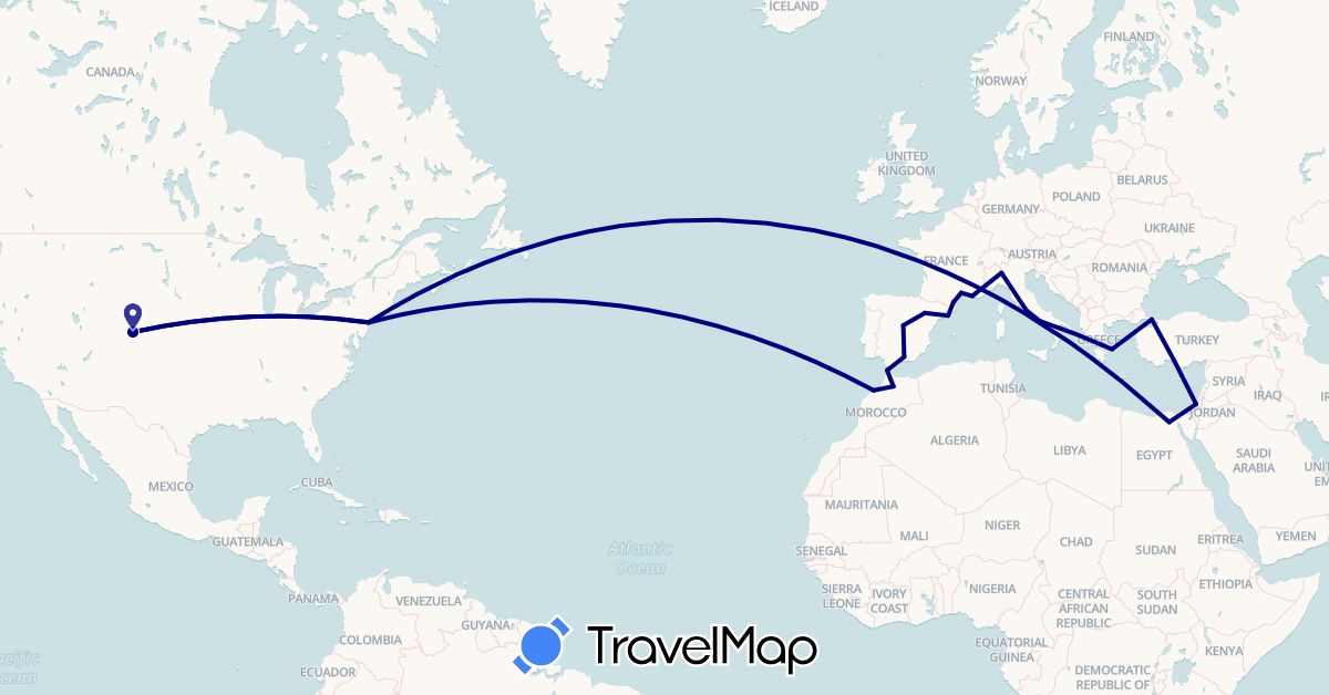 TravelMap itinerary: driving in Egypt, Spain, France, Greece, Israel, Italy, Morocco, Turkey, United States (Africa, Asia, Europe, North America)